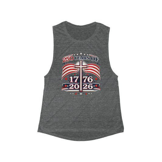Patriotic 250 Years Tank — 1776–2026 American Flag & Cross Women's Muscle Tank