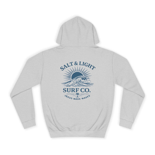 Surf Co. College Hoodie — Salt & Light Wave Blue Ink Graphic Pullover