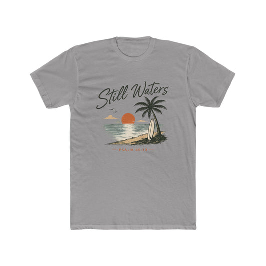 Still Waters Beach T-Shirt — Vintage Sunset Surf Graphic (Psalm 46:10)