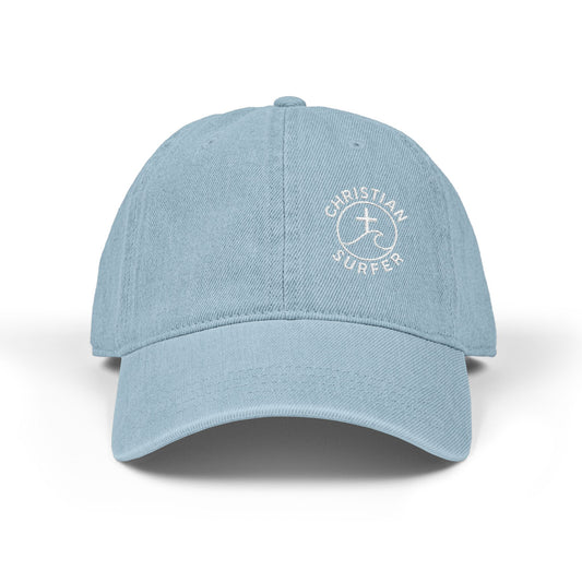 Christian Surfer Embroidered Denim Hat, Beachwear, Summer Accessory, Gift for Water Sports Lovers, Casual Outfit