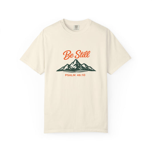 Be Still Mountain T-Shirt — Psalm 46:10 Christian Graphic Tee - Bright Ink, longer Mountain
