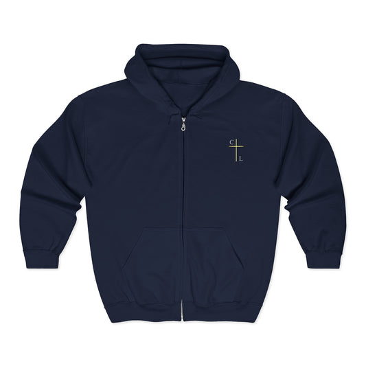 Unisex Heavy Blend™ Full Zip Hooded Sweatshirt, C/L Logo on the front and ChristLife on the back, white copy.