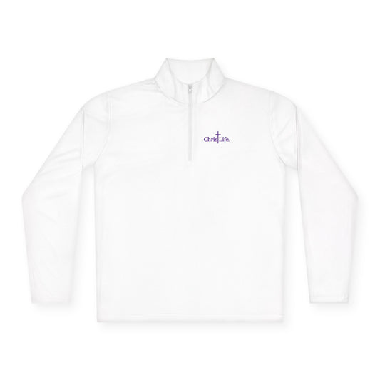 Unisex Quarter-Zip Pullover workout, ChristLife logo in purple. Sporty