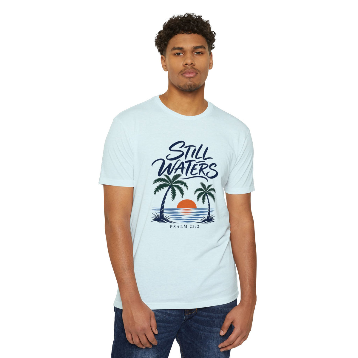 Still Waters T-Shirt — Psalm 23:2 Sunset Palm Graphic Tee Front Graphic