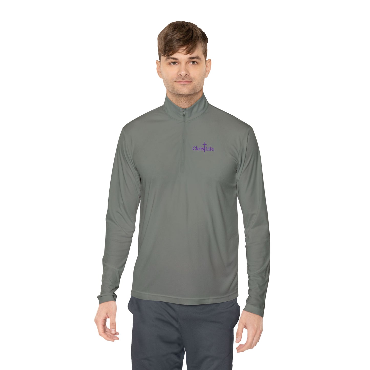 Unisex Quarter-Zip Pullover workout, ChristLife logo in purple.   Sporty