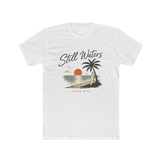 Still Waters Beach T-Shirt — Vintage Sunset Surf Graphic (Psalm 46:10)