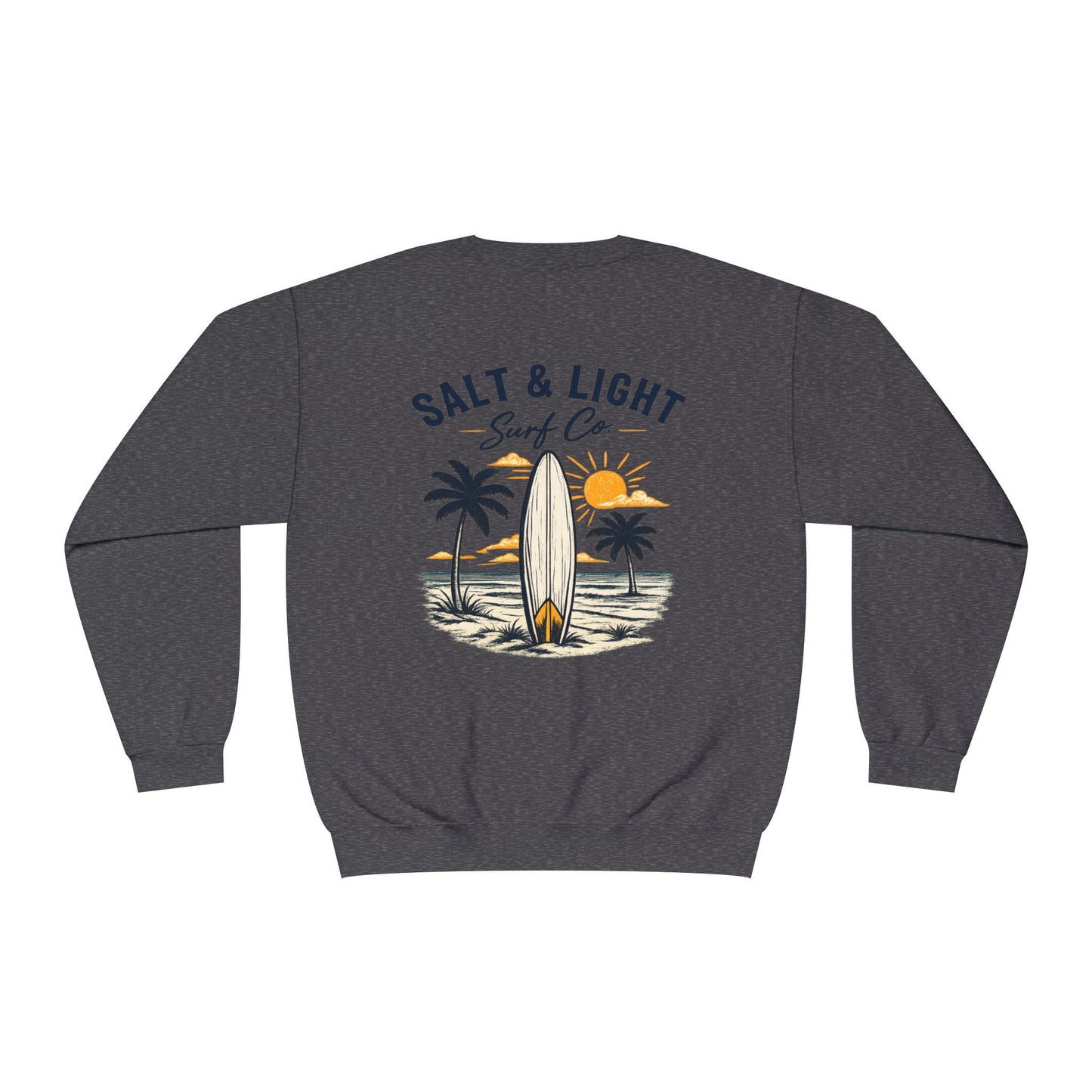 Surf Crewneck Sweatshirt — "Salt & Light" Beach Tan Surfboard Design on Backside