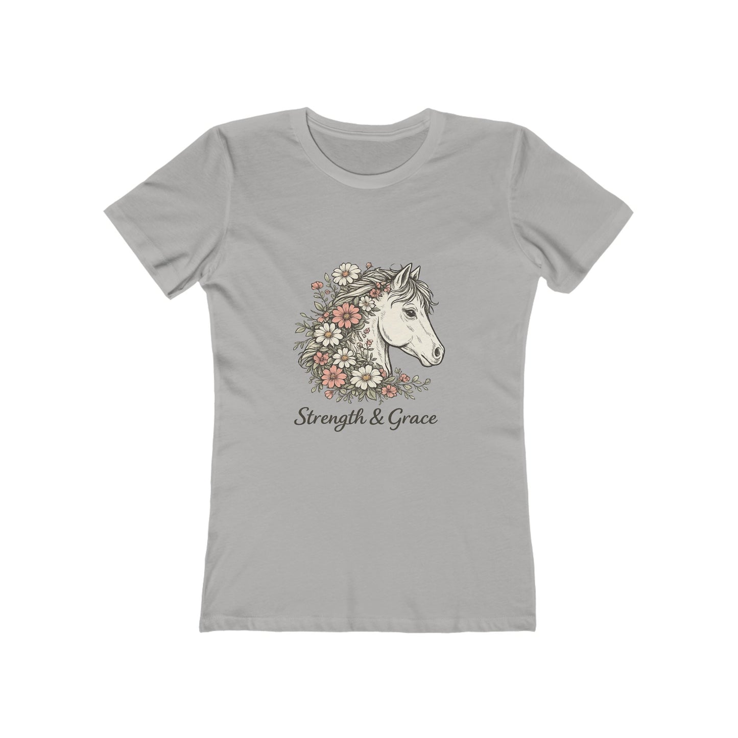 Women’s Tee — Floral Horse “Strength & Grace” Graphic Pale Pink and Green