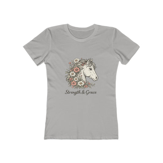 Women’s Tee — Floral Horse “Strength & Grace” Graphic Pale Pink and Green