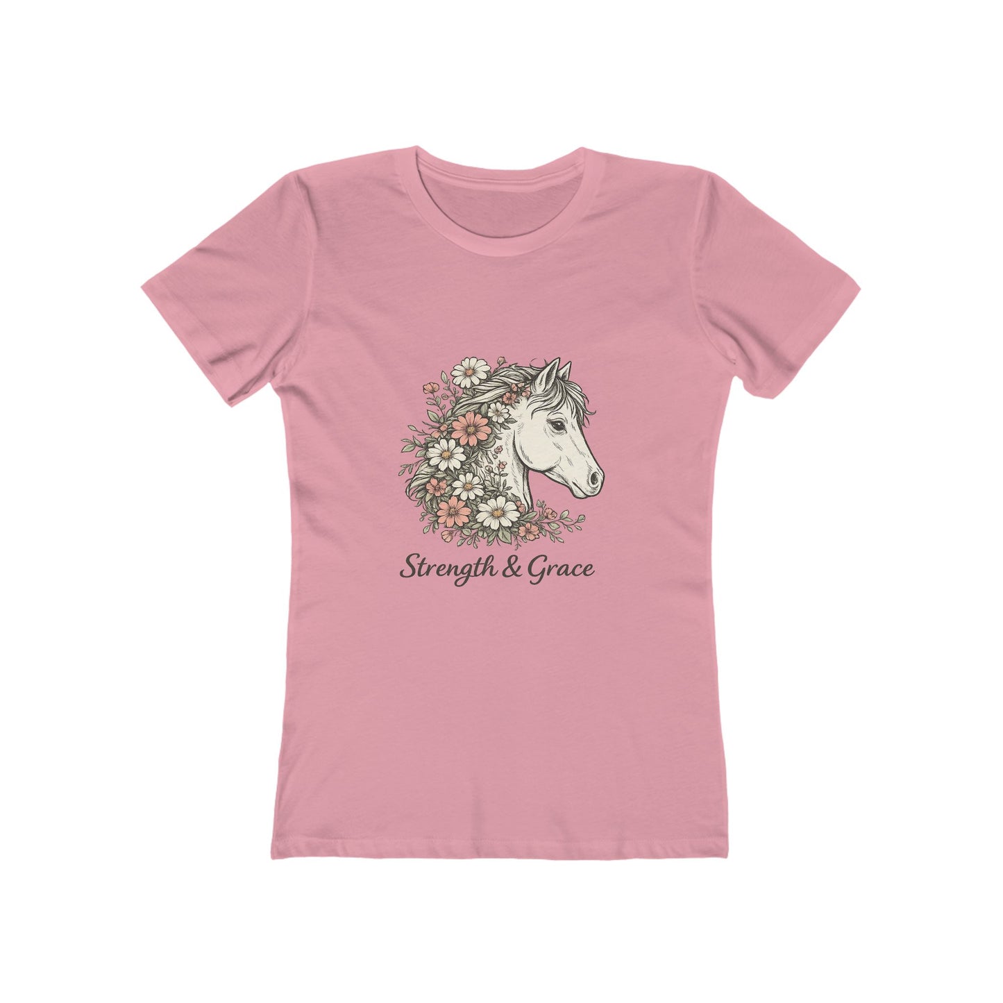 Women’s Tee — Floral Horse “Strength & Grace” Graphic Pale Pink and Green