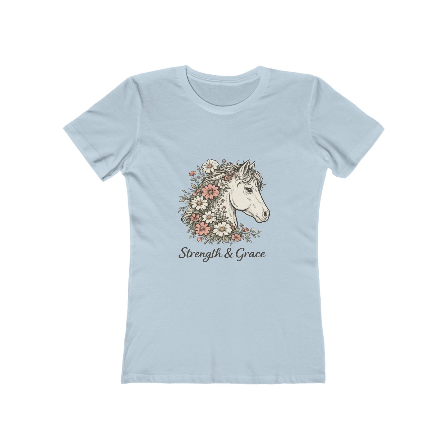 Women’s Tee — Floral Horse “Strength & Grace” Graphic Pale Pink and Green