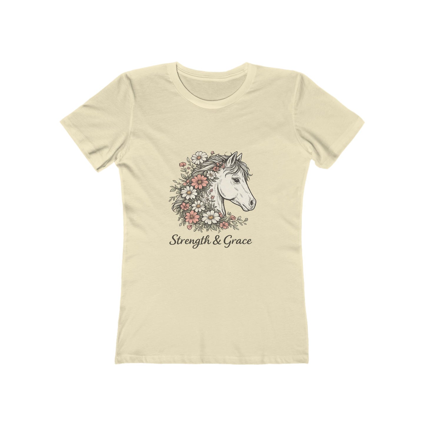 Women’s Tee — Floral Horse “Strength & Grace” Graphic Pale Pink and Green