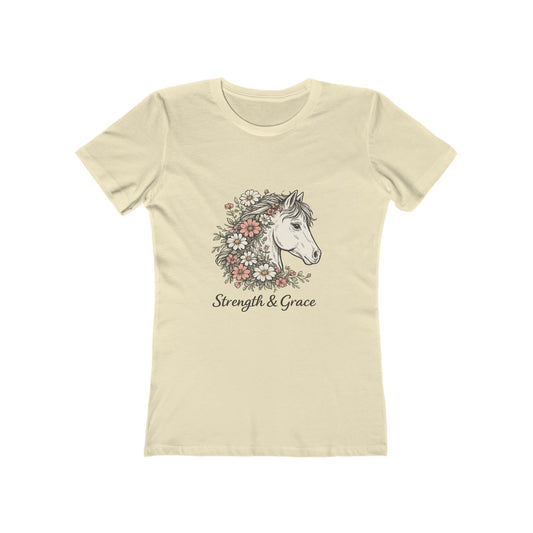 Women’s Tee — Floral Horse “Strength & Grace” Graphic Pale Pink and Green