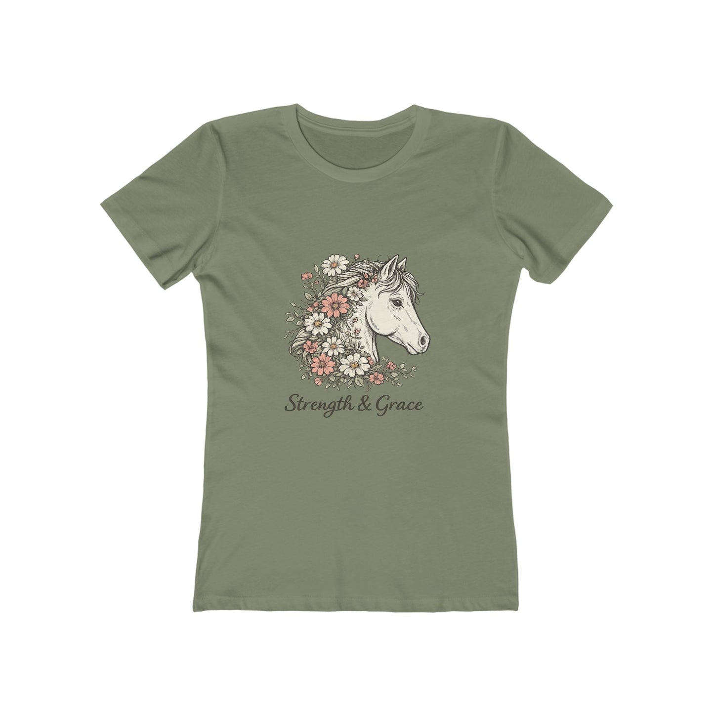 Women’s Tee — Floral Horse “Strength & Grace” Graphic Pale Pink and Green