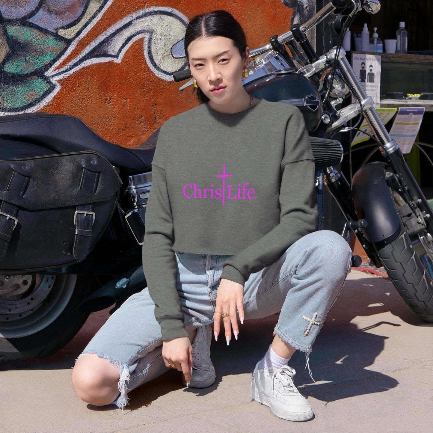 Women's Cropped Sweatshirt - Bold Hot Pink ChristLife Logo
