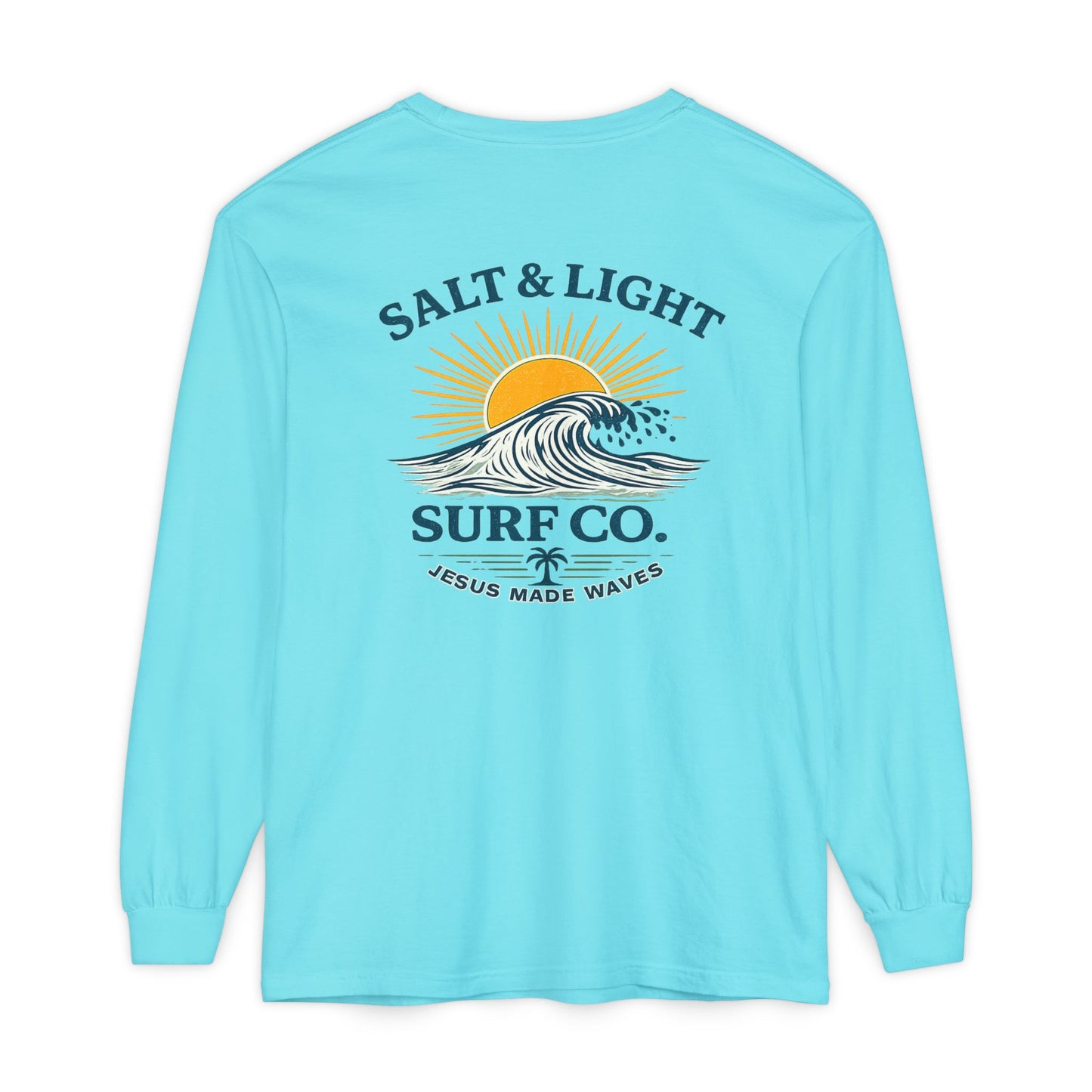 Salt & Light Surf Co. Long Sleeve Tee — 'Jesus Made Waves' Christian Surf T-Shirt, Back Graphic
