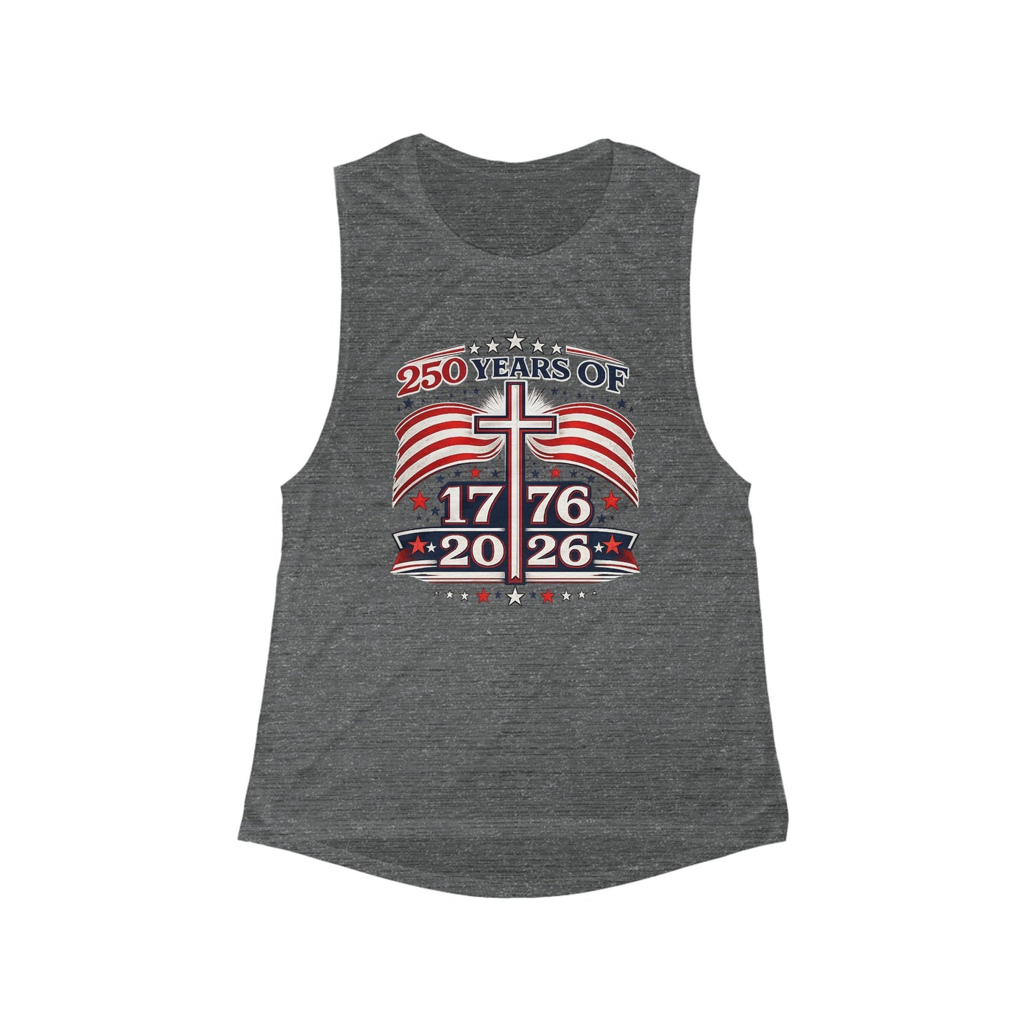 Patriotic 250 Years Tank — 1776–2026 American Flag & Cross Women's Muscle Tank