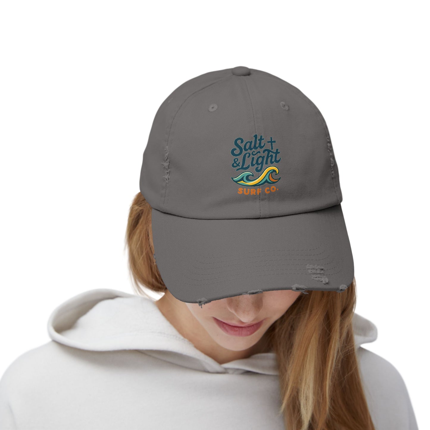 Salt & Light Surf Co. Distressed Baseball Cap — Vintage Surf Wave Embroidered Hat