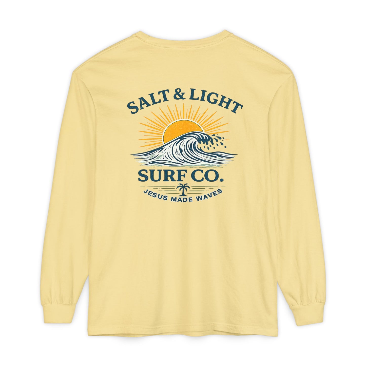 Salt & Light Surf Co. Long Sleeve Tee — 'Jesus Made Waves' Christian Surf T-Shirt, Back Graphic
