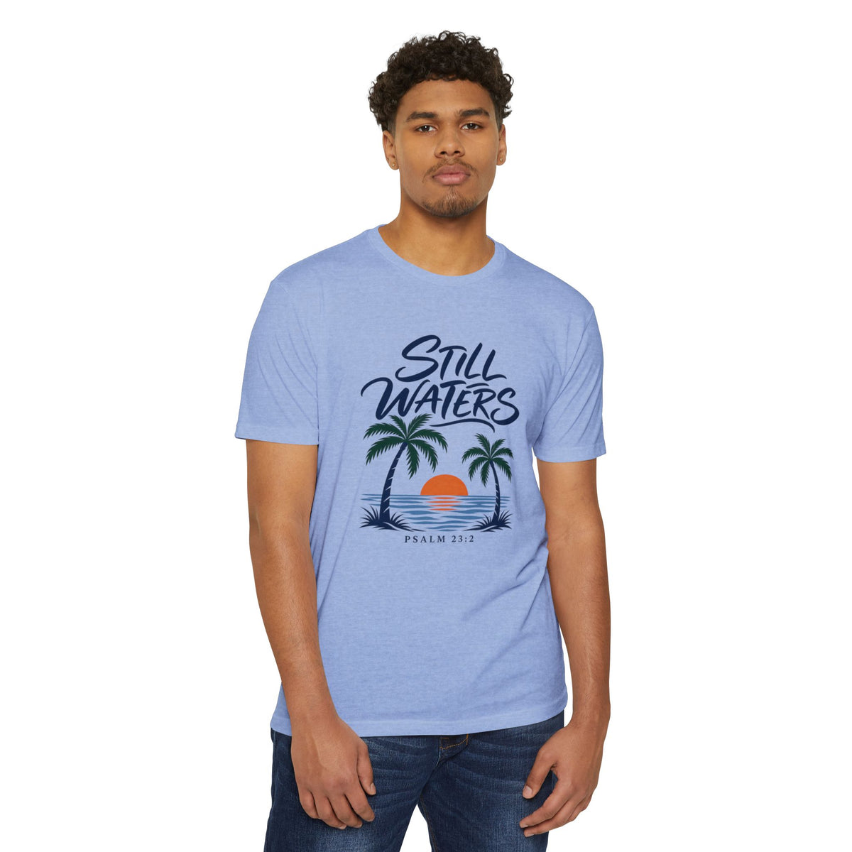 Still Waters T-Shirt — Psalm 23:2 Sunset Palm Graphic Tee Front Graphic
