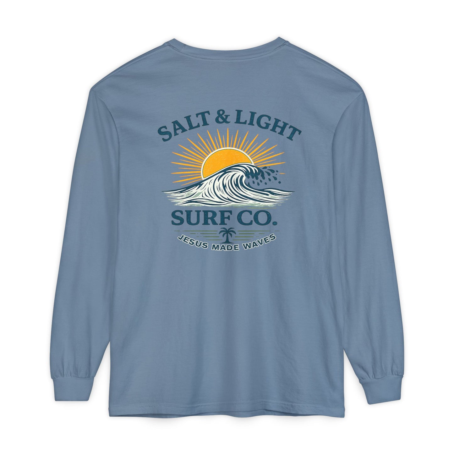 Salt & Light Surf Co. Long Sleeve Tee — 'Jesus Made Waves' Christian Surf T-Shirt, Back Graphic