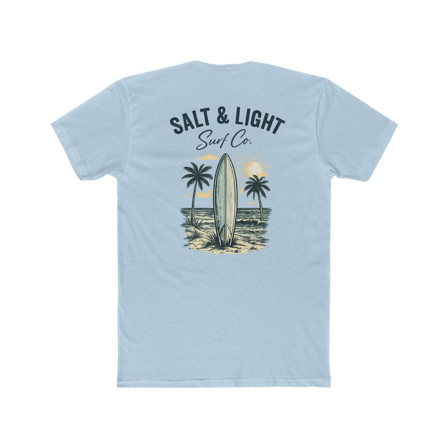 Surf Co. Vintage Surfboard T-Shirt — Salt & Light Beach Tee Graphic on Backside