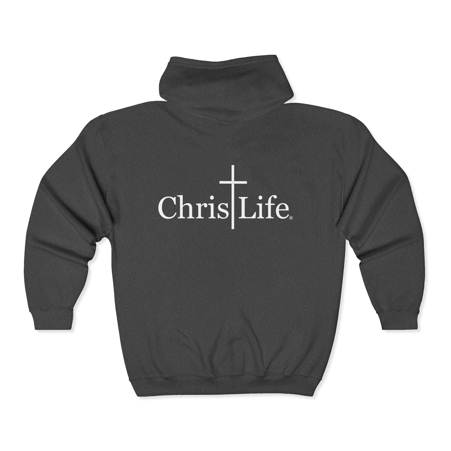 Unisex Heavy Blend™ Full Zip Hooded Sweatshirt, C/L Logo on the front and ChristLife on the back, white copy.