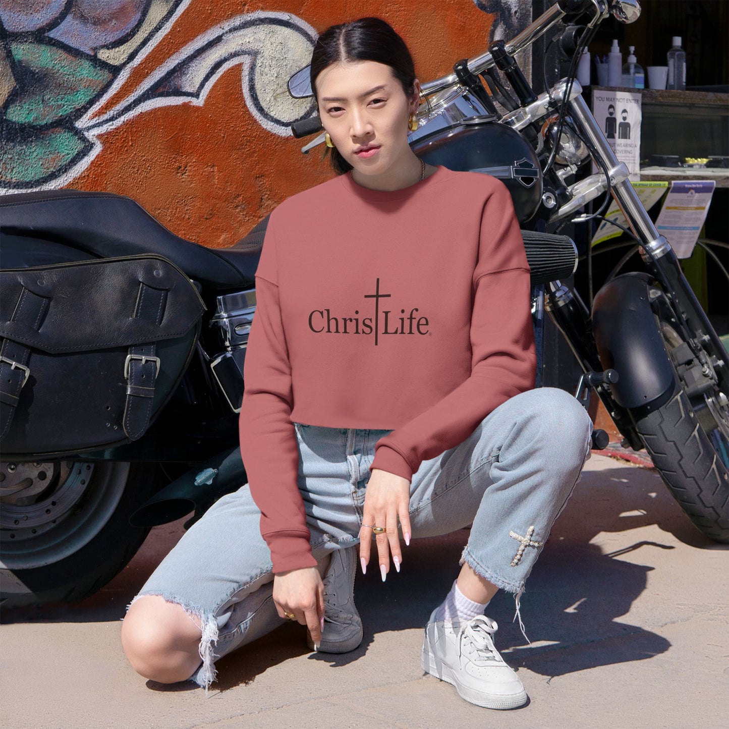 Women's Cropped Sweatshirt, Dark Gray ChristLife Logo