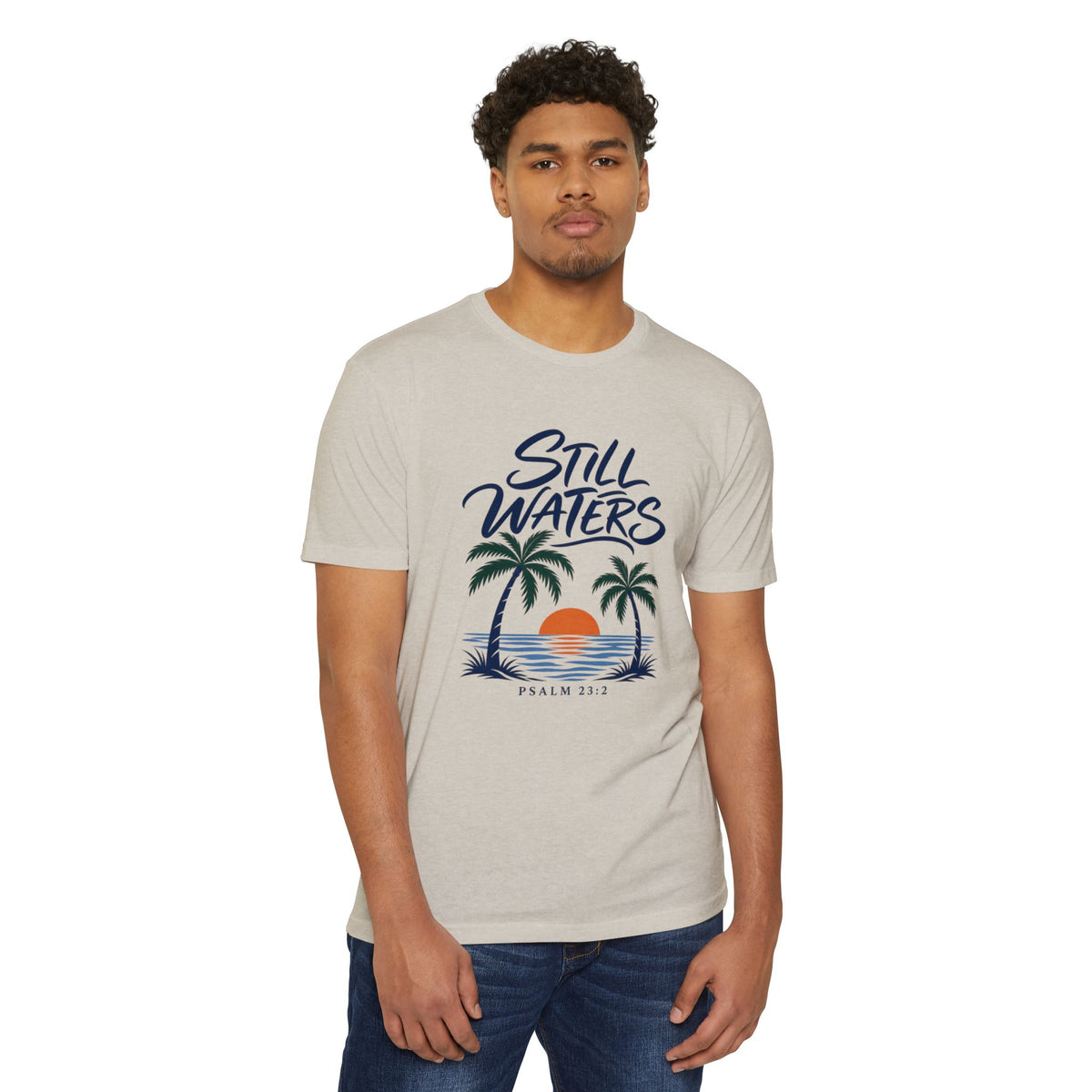 Still Waters T-Shirt — Psalm 23:2 Sunset Palm Graphic Tee Front Graphic