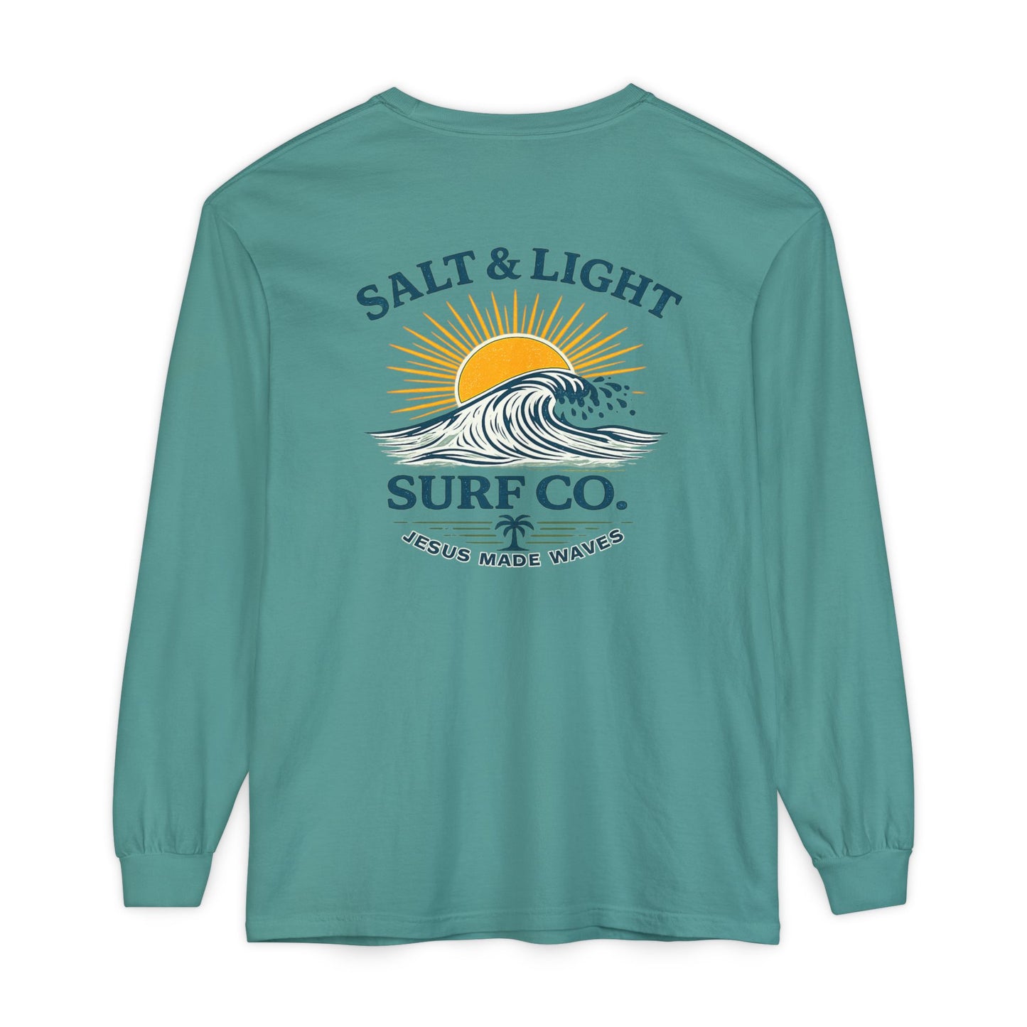 Salt & Light Surf Co. Long Sleeve Tee — 'Jesus Made Waves' Christian Surf T-Shirt, Back Graphic