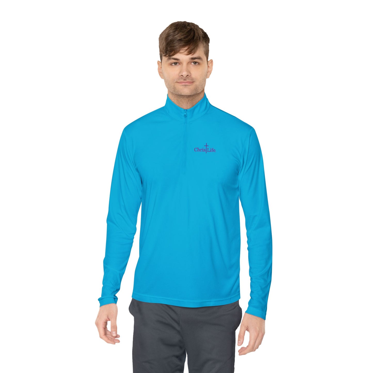 Unisex Quarter-Zip Pullover workout, ChristLife logo in purple.   Sporty