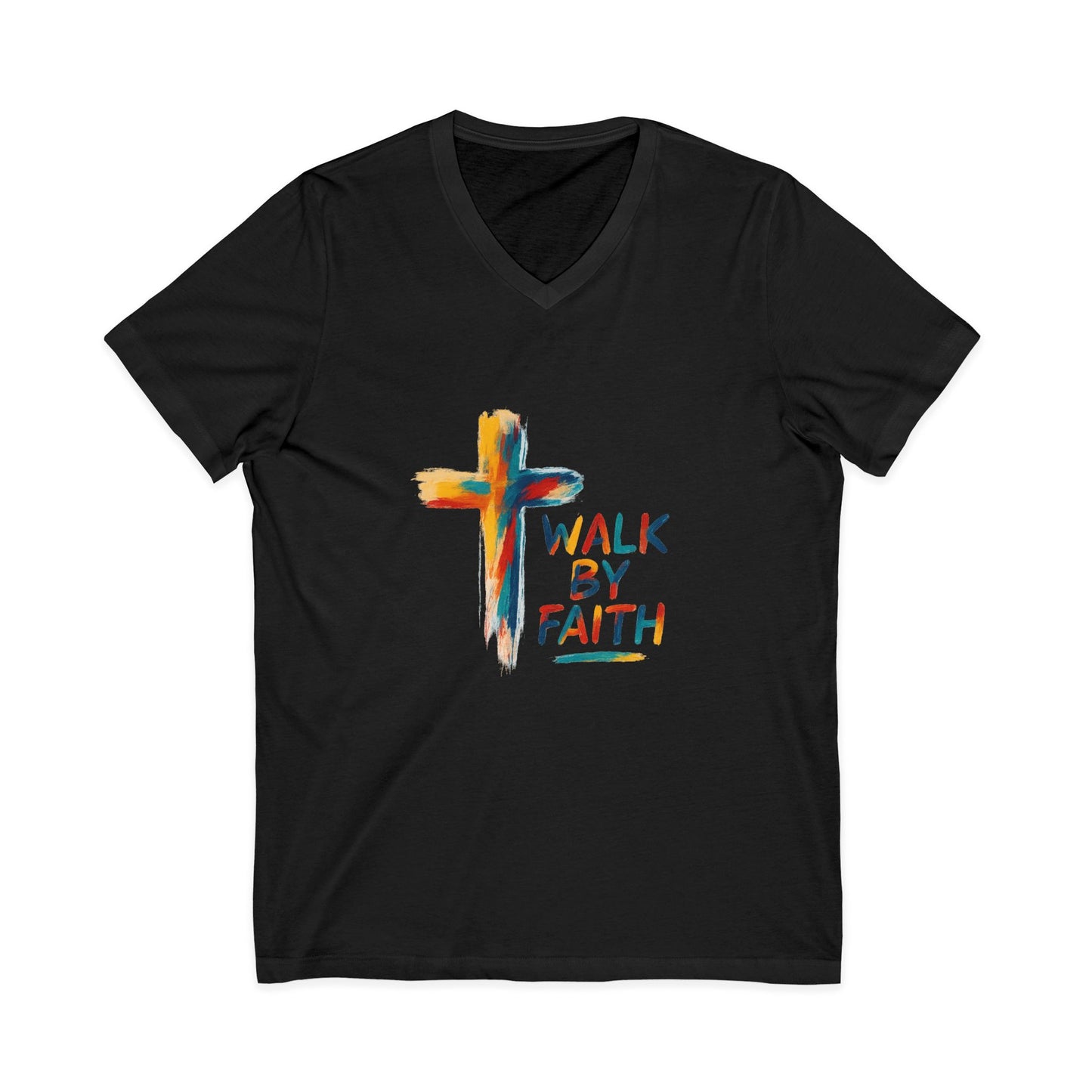 Walk By Faith V-Neck Tee — Artistic Colorful Cross Christian T-Shirt