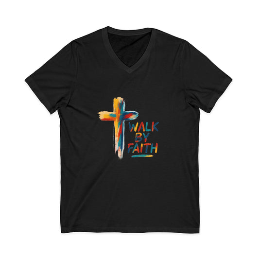 Walk By Faith V-Neck Tee — Artistic Colorful Cross Christian T-Shirt