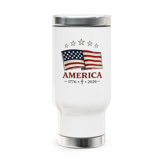 America Flag 1776–2026, Stainless Steel Travel Mug with Handle