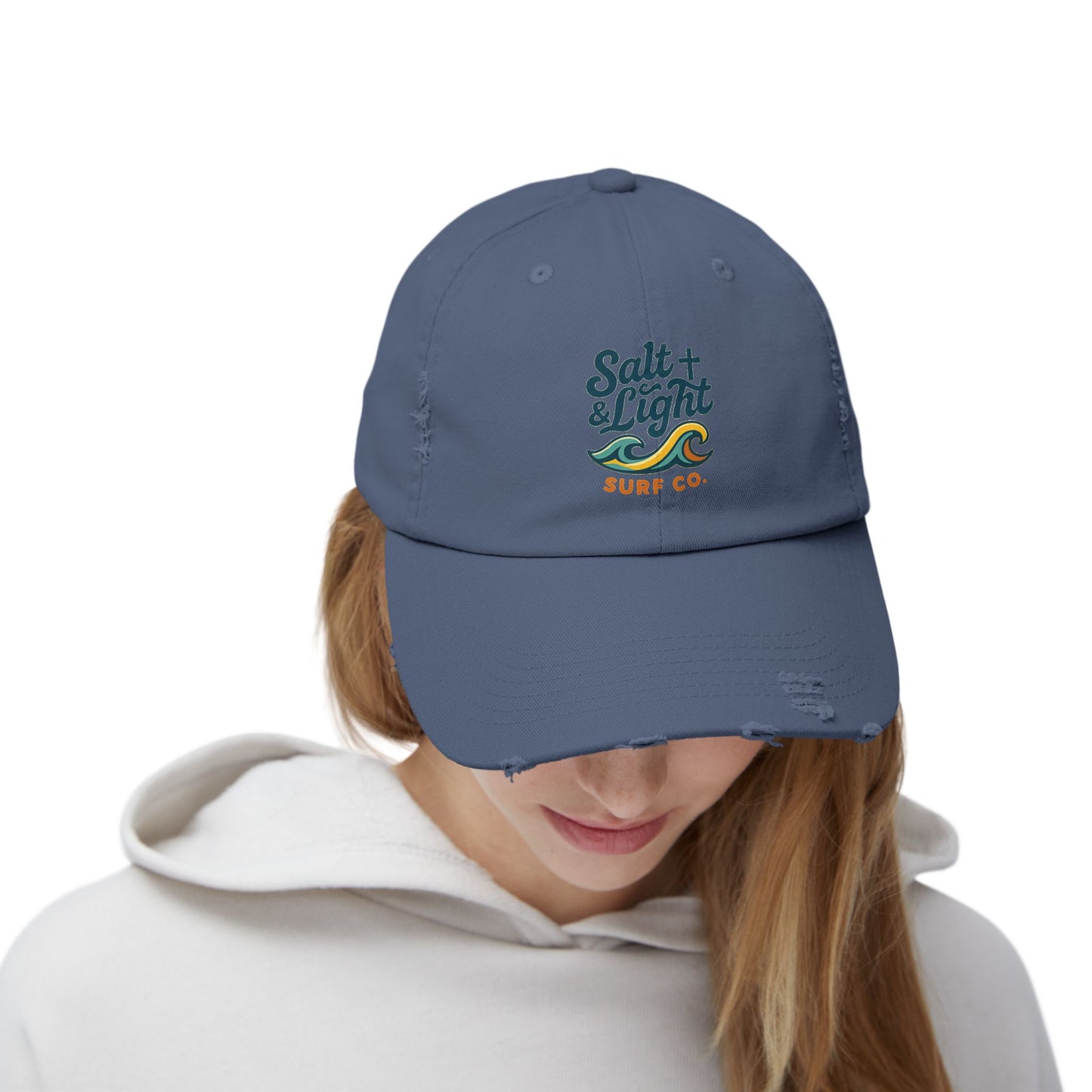 Salt & Light Surf Co. Distressed Baseball Cap — Vintage Surf Wave Embroidered Hat