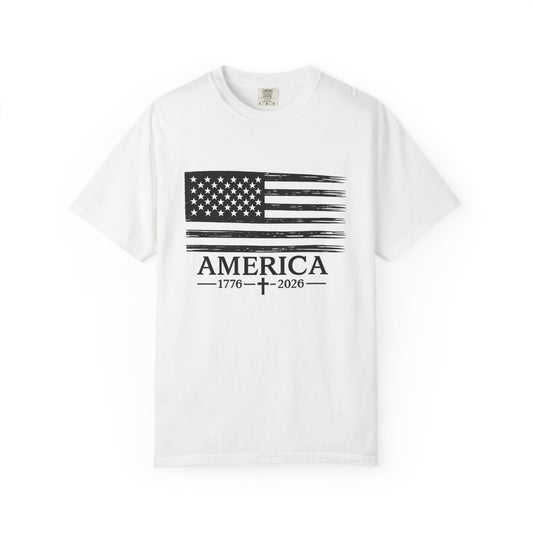 America 1776 -2026 Vintage Black Ink Flag - Unisex Garment-Dyed T-shirt