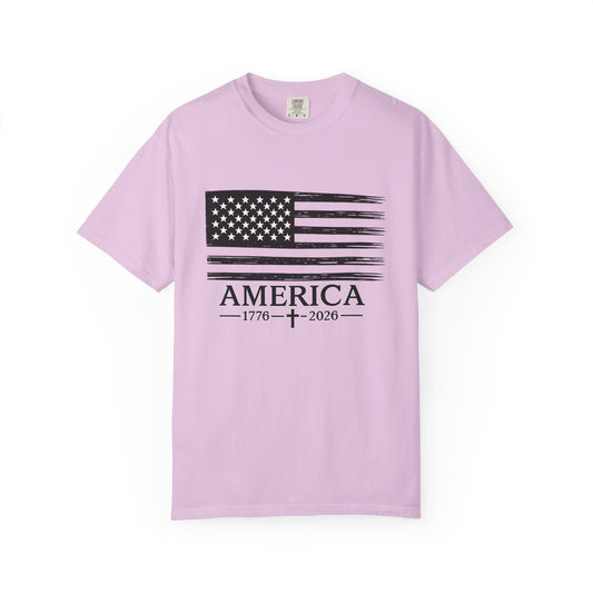America 1776 -2026 Vintage Black Ink Flag - Unisex Garment-Dyed T-shirt