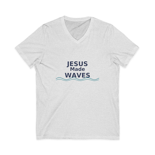Jesus Made Waves V-Neck Tee - Faith T-Shirt for Men and Women, Summer Outfit, Christian Gift, Church Attire, Beach Day Wear, Surfer