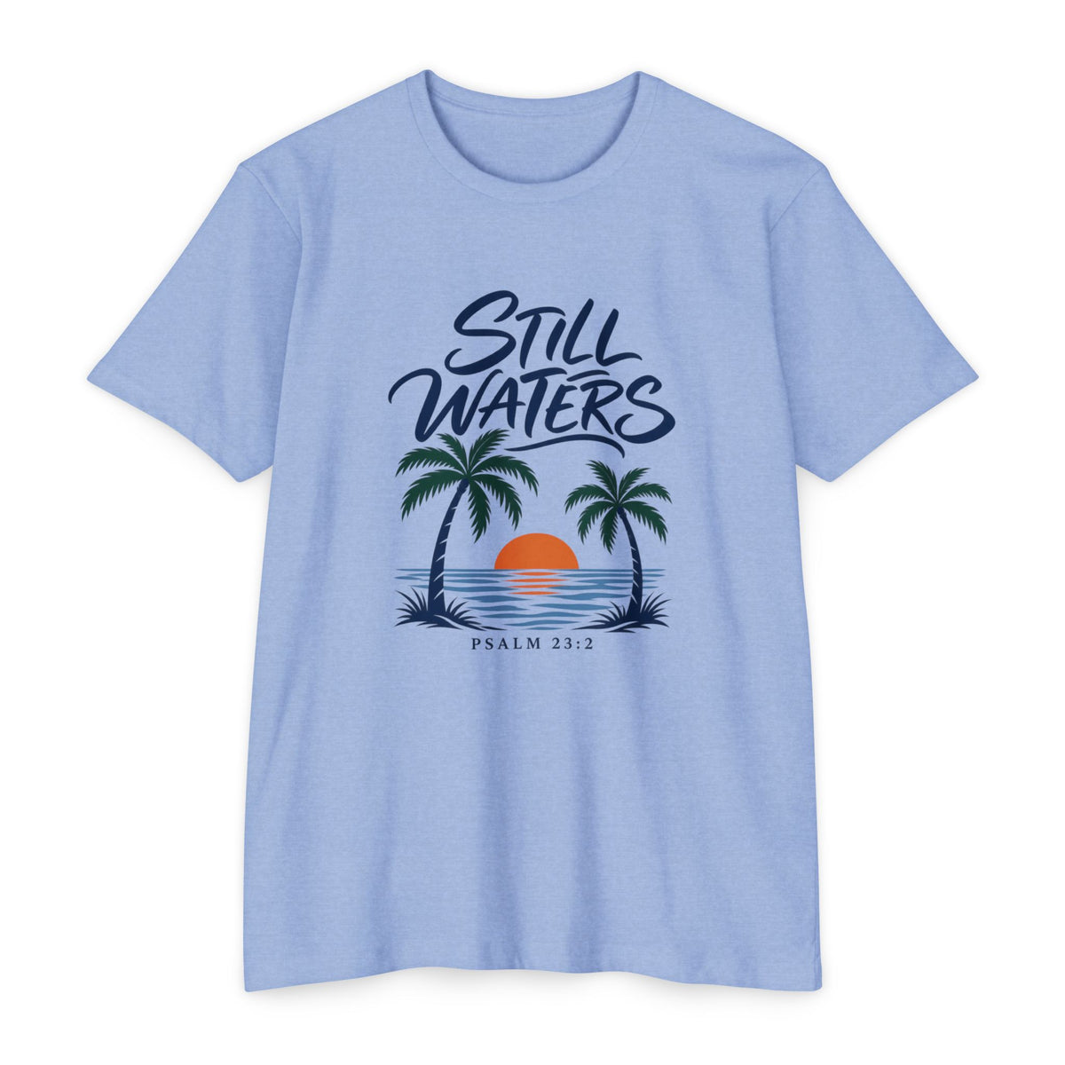 Still Waters T-Shirt — Psalm 23:2 Sunset Palm Graphic Tee Front Graphic