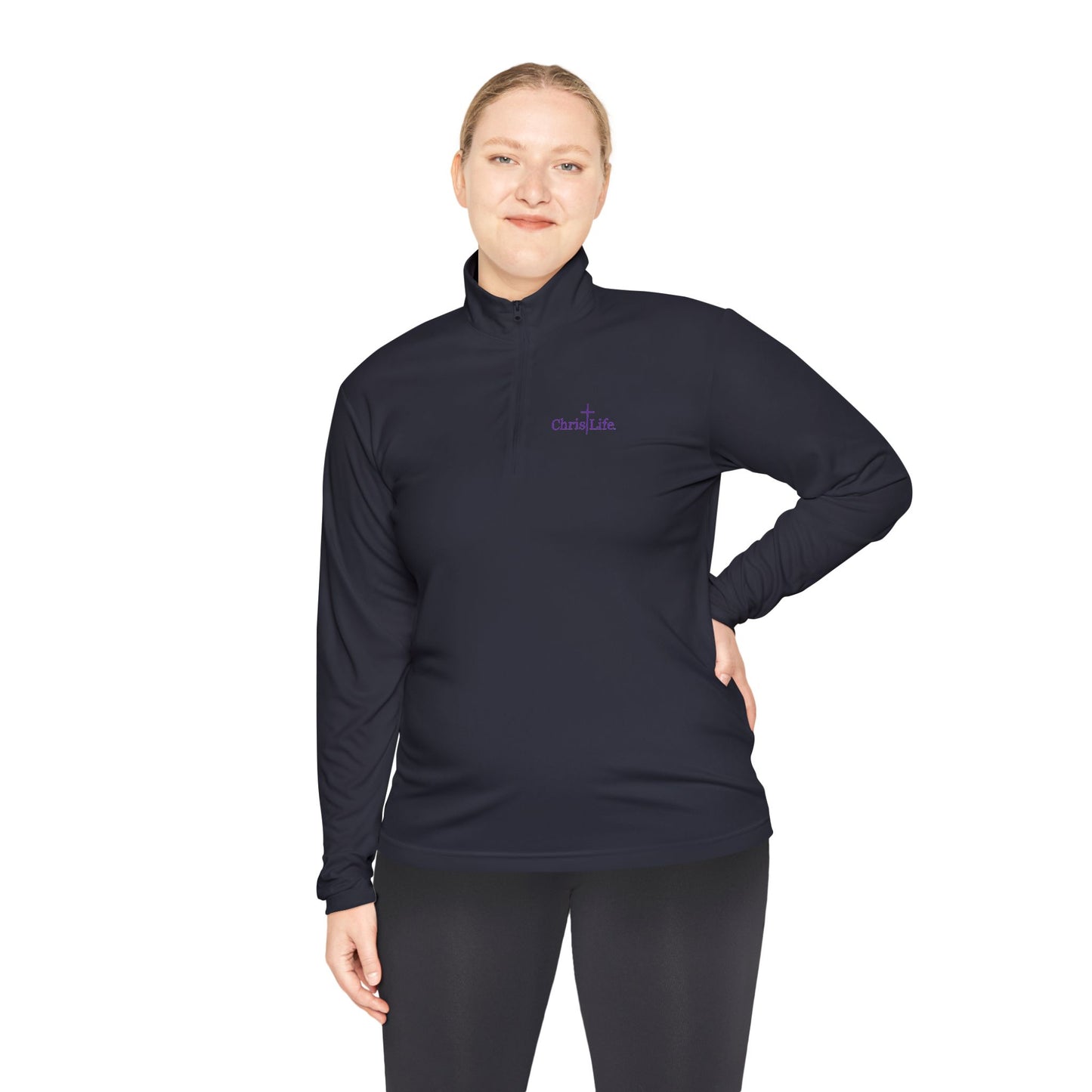Unisex Quarter-Zip Pullover workout, ChristLife logo in purple.   Sporty