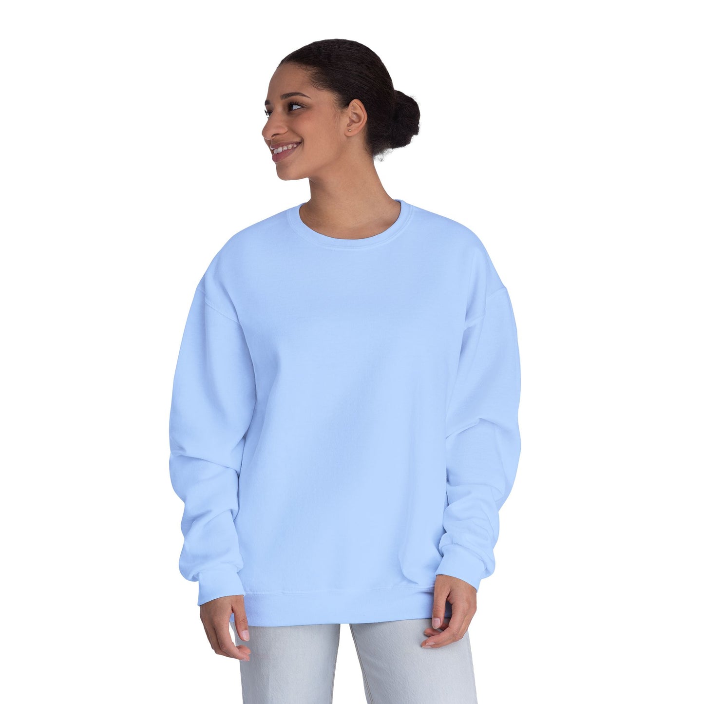 Surf Crewneck Sweatshirt — "Salt & Light" Beach Tan Surfboard Design on Backside