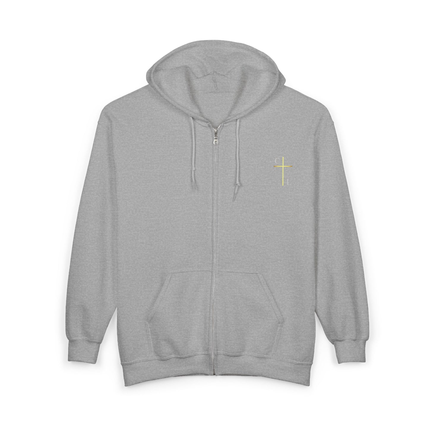 Unisex Heavy Blend™ Full Zip Hooded Sweatshirt, C/L Logo on the front and ChristLife on the back, white copy.