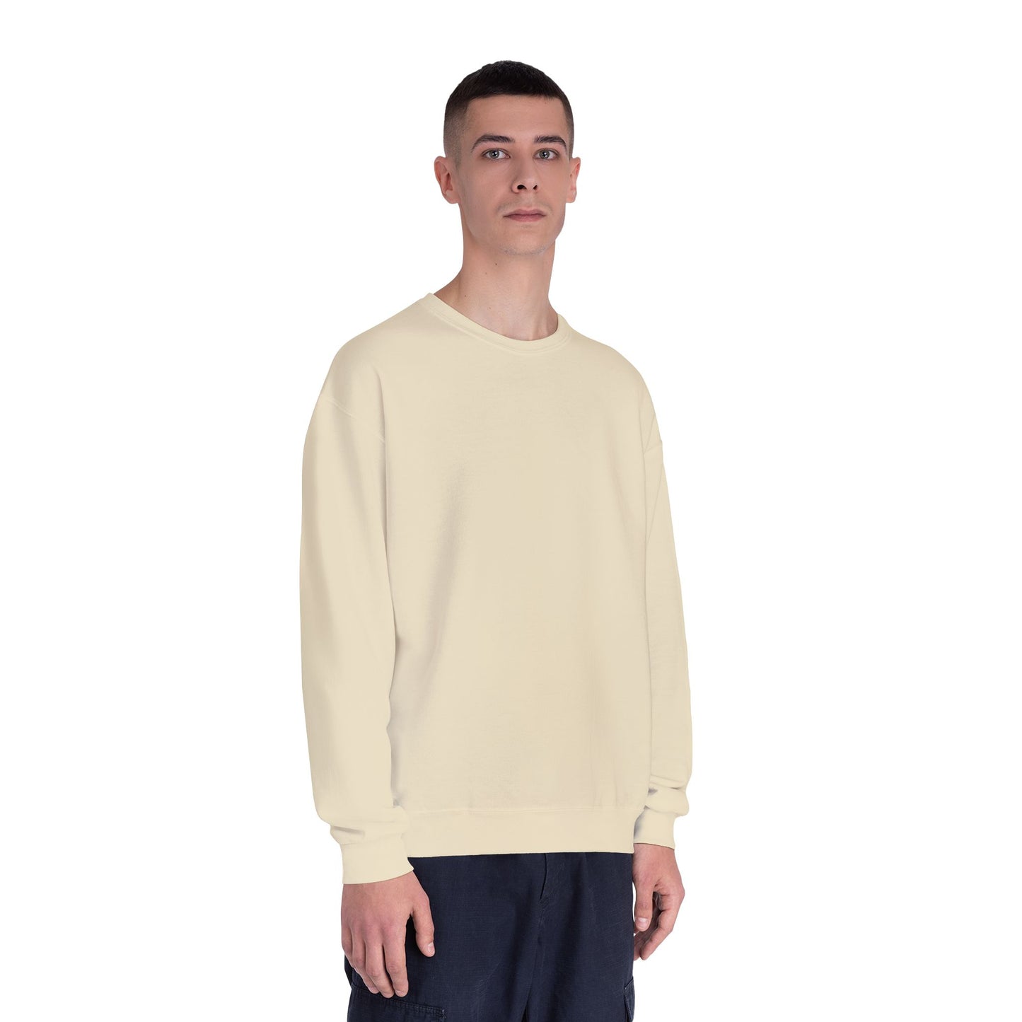 Surf Crewneck Sweatshirt — "Salt & Light" Beach Tan Surfboard Design on Backside