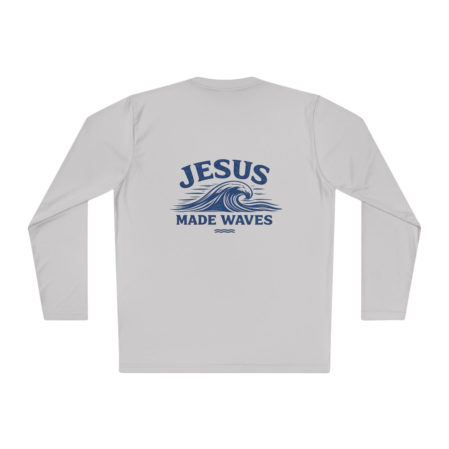Jesus Made Waves Long Sleeve Tee - Vintage Graphic pom backside.  100 Moisture-wicking