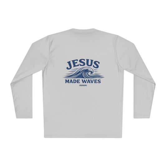 Jesus Made Waves Long Sleeve Tee - Vintage Graphic pom backside.  100 Moisture-wicking