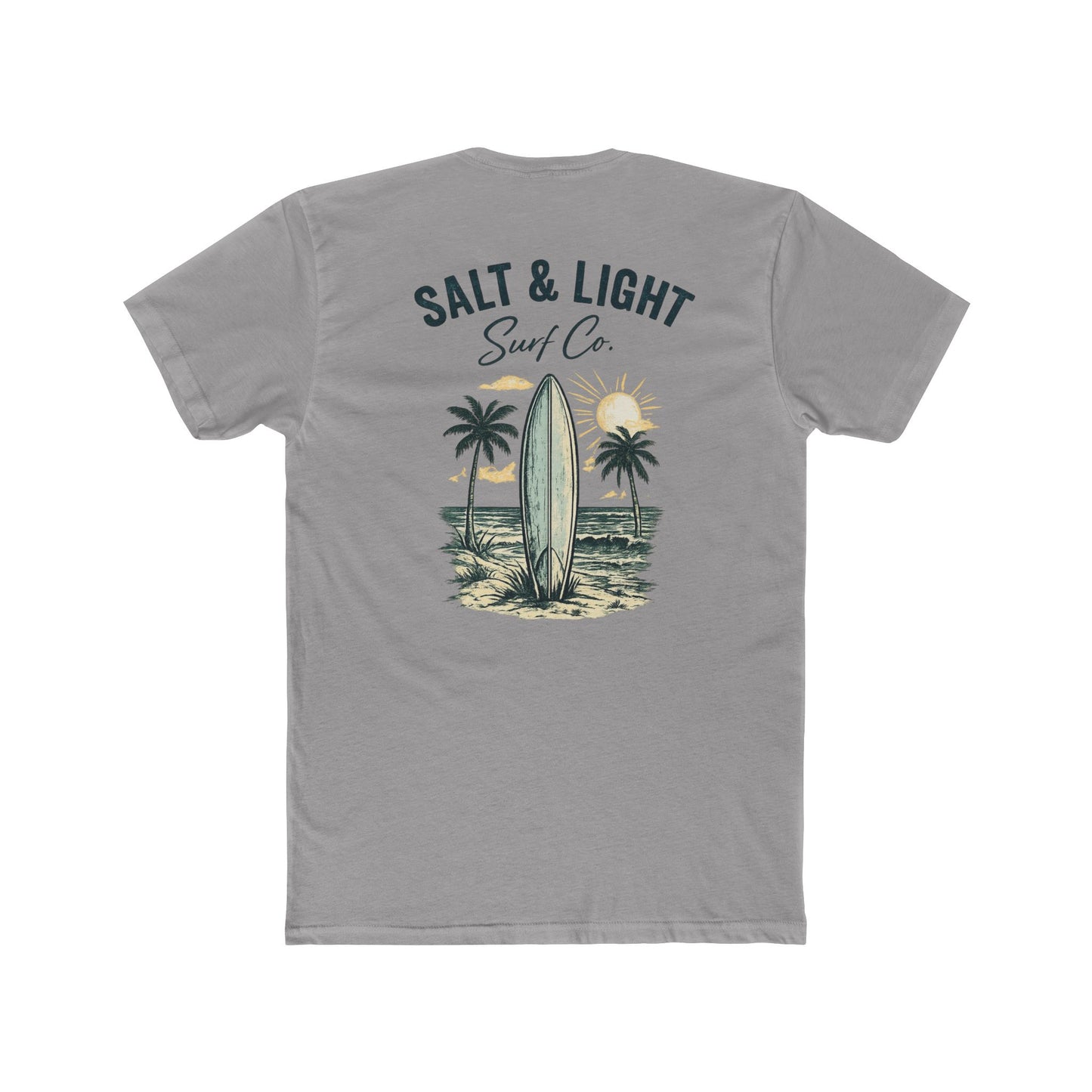 Surf Co. Vintage Surfboard T-Shirt — Salt & Light Beach Tee Graphic on Backside