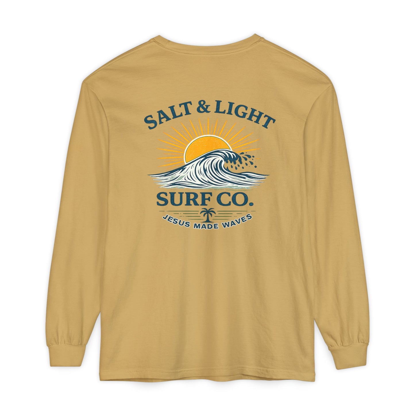 Salt & Light Surf Co. Long Sleeve Tee — 'Jesus Made Waves' Christian Surf T-Shirt, Back Graphic