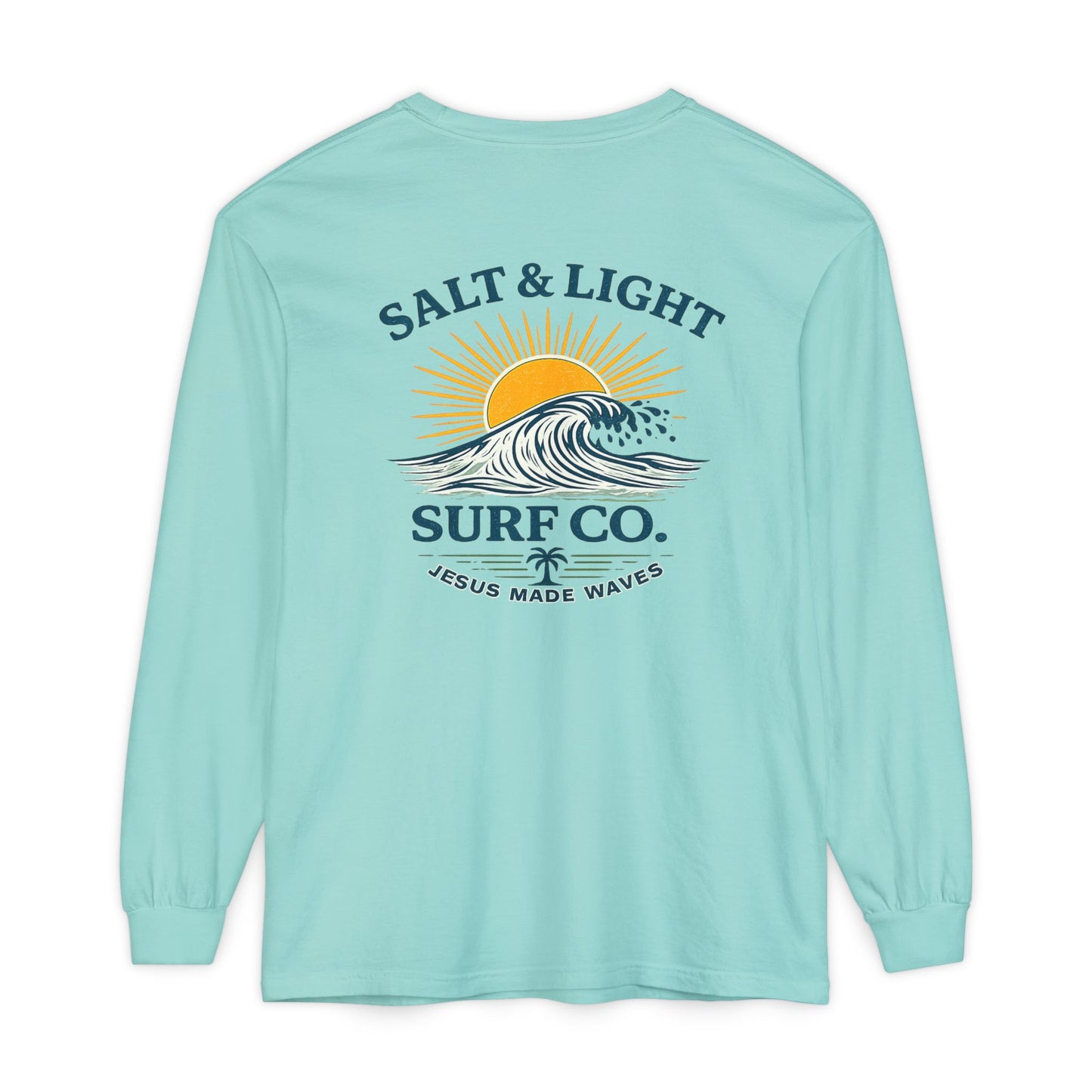 Salt & Light Surf Co. Long Sleeve Tee — 'Jesus Made Waves' Christian Surf T-Shirt, Back Graphic