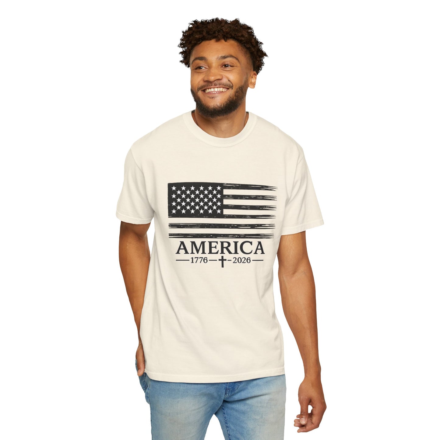 America 1776 -2026 Vintage Black Ink Flag - Unisex Garment-Dyed T-shirt