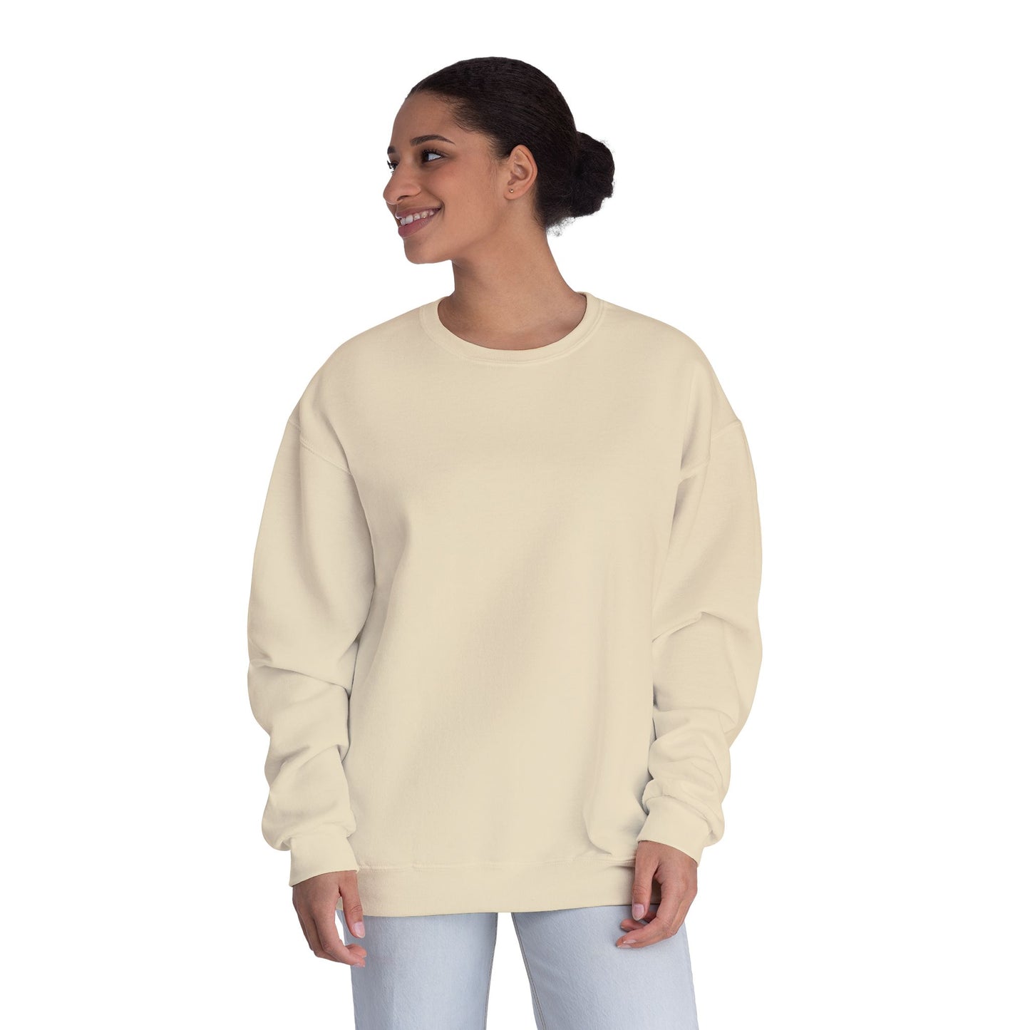 Surf Crewneck Sweatshirt — "Salt & Light" Beach Tan Surfboard Design on Backside